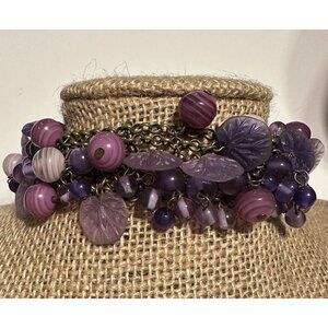 Purple Beaded Chain Mail Bracelet Charm Accent  Statement Wide